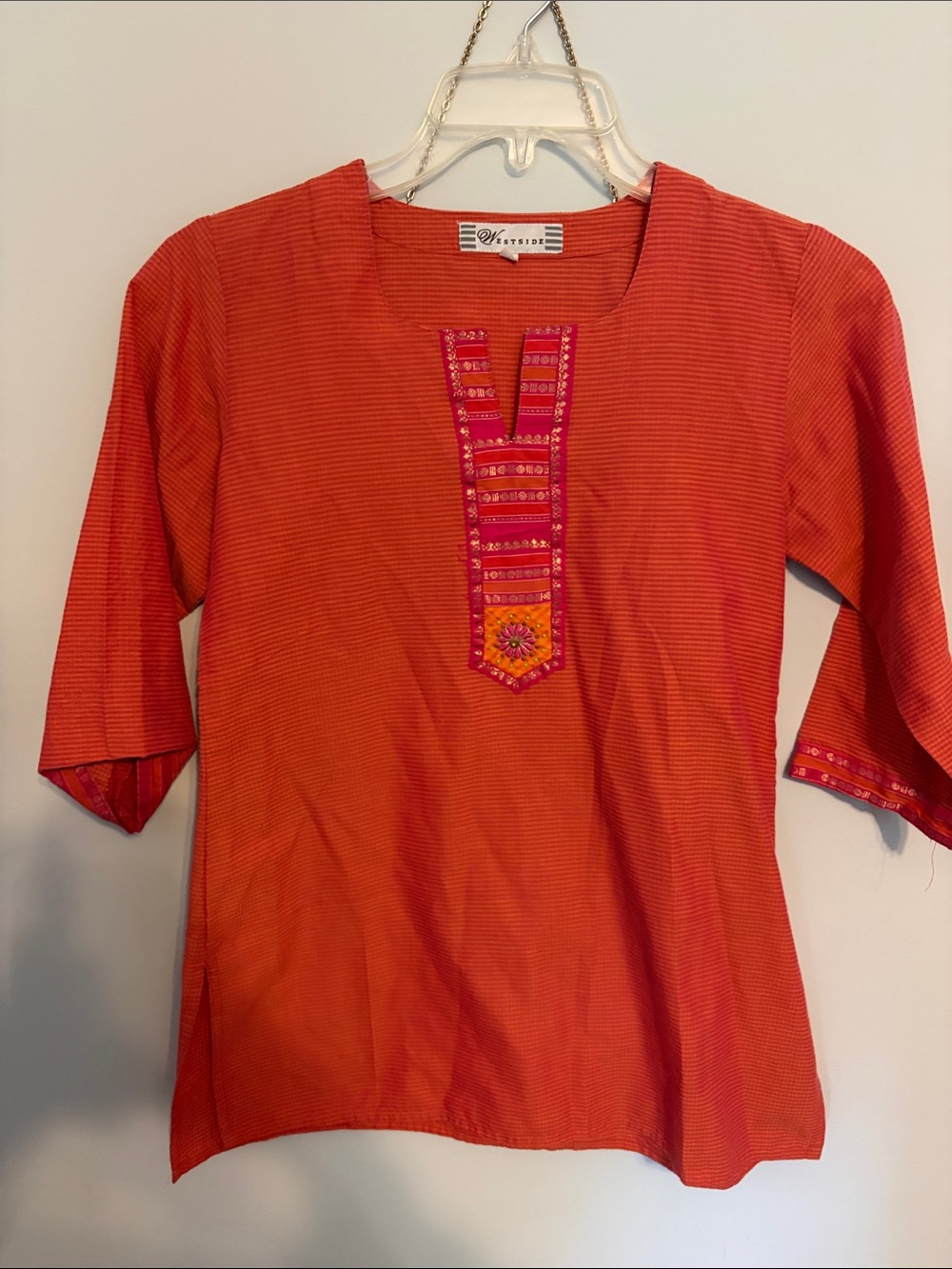 Women's Orange Embroidered Split-Neck Top